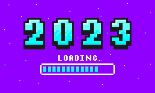 An image of the year ‘2023’ and a ‘loading’ bar in pixelated text on a purple background