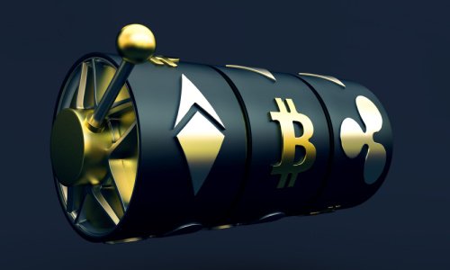 A black 3 reel slot barrel with a golden lever and a Bitcoin symbol on the middle reel against a dark background