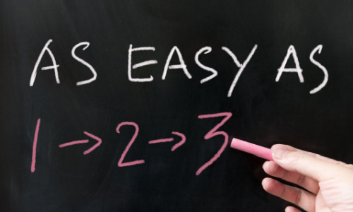 A blackboard with the the text ‘easy as’ and ‘1, 2 and 3’ as steps written in white and pink