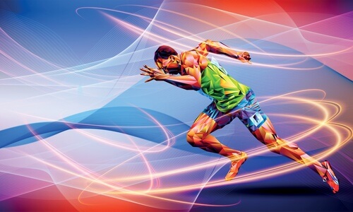 Olympic competitor in a running race with cyber graphics around him.