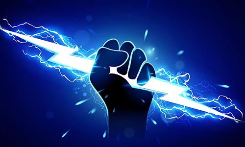 An illustrated image of a hand holding a thunderbolt on a midnight blue background