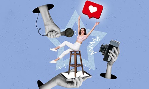 A 3D image of female celebrity sitting on a high stool surrounded by hands holding a mic, camera, phone