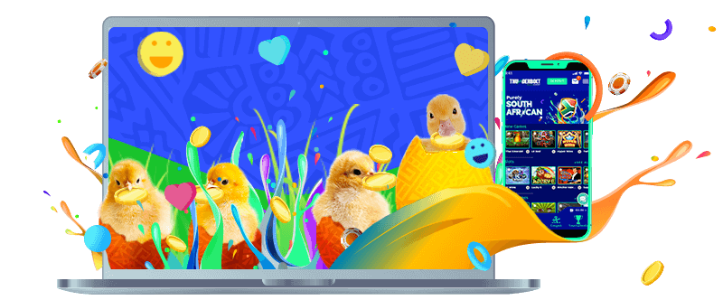 Gold coins, device screens, splash of colour, Easter chicks, Easter eggs