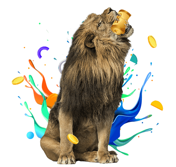 A lion with a great mane holding a roll of cash in his mouth and casino chips flying around