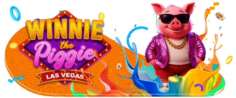 Winnie the Piggie Las Vegas slot game logo beside a pink pig in sunglasses and a glitter jacket
