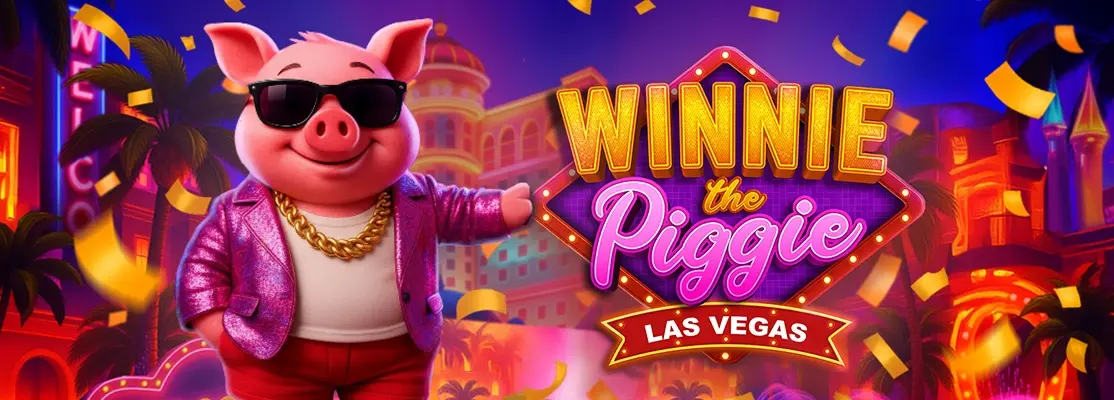 Winnie the Piggie Las Vegas slot game banner with a pink pig in sunglasses, neon casino lights and falling confetti