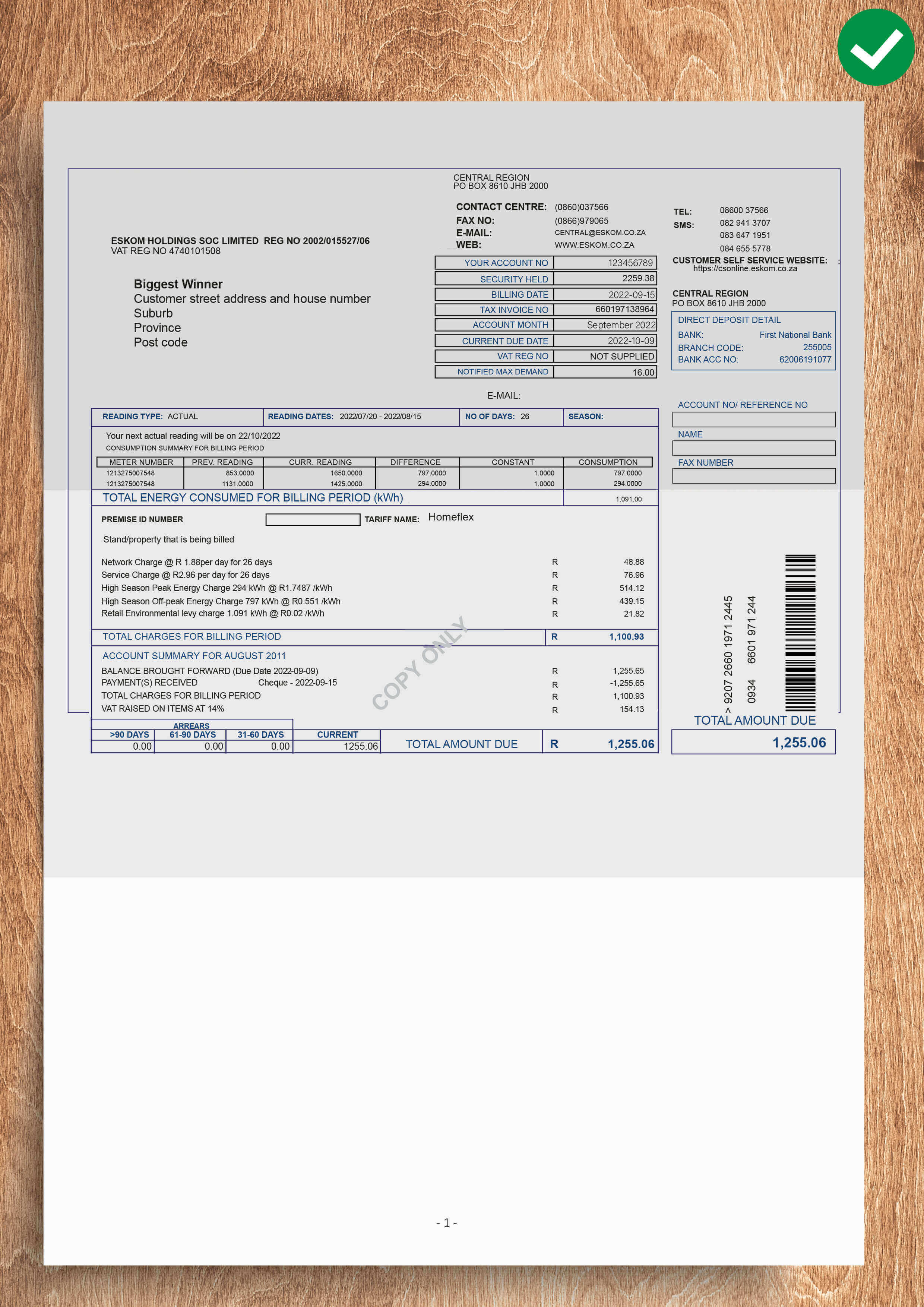 Correct example of how a proof of address document should look at Thunderbolt Online Casino. Clear, not blurry, all four corners visible, 100% legible