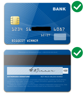 Correct example of how to present proof of possession of card at Thunderbolt Online Casino.