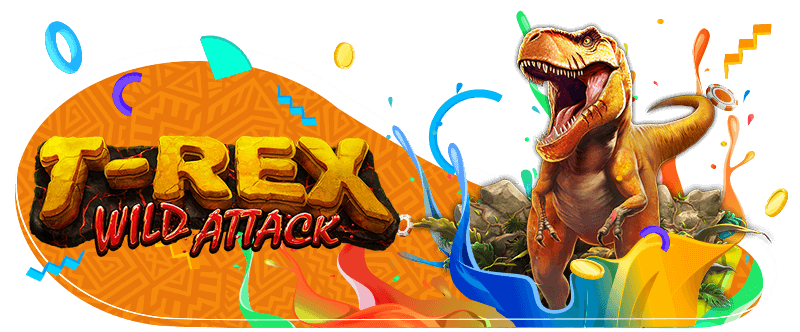 Orange T-Rex mouth wide open from the new slot game "T-Rex Wild Attack" at Thunderbolt Casino