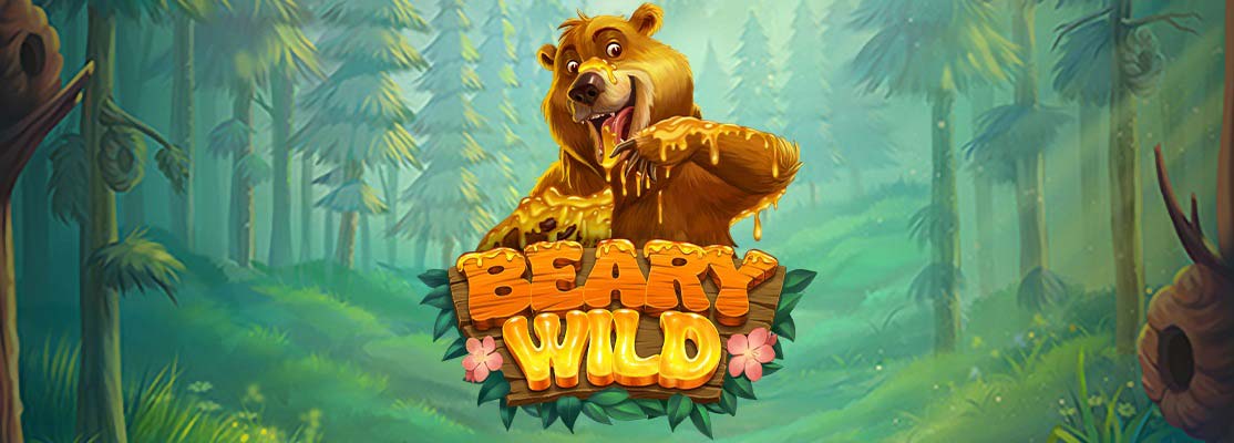 Join the fun in Beary Wild slots, featuring a joyful bear in a lush forest with a honey-drenched logo