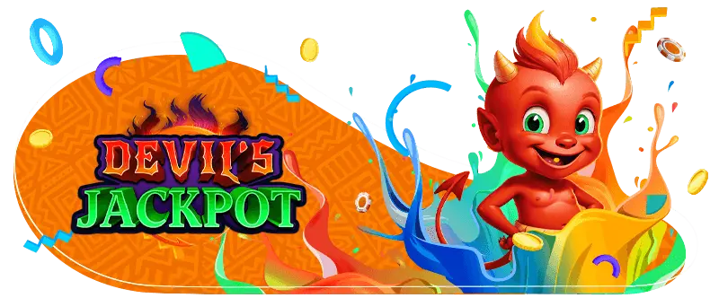 Colourful Devil’s Jackpot banner featuring a cheerful red cartoon devil next to the game logo, surrounded by bright paint splashes and floating gold coins on an orange patterned background.