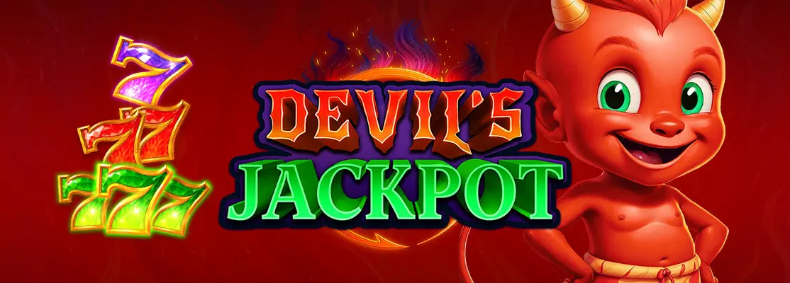 Devil&rsquo;s Jackpot game header showing a smiling red cartoon devil beside the glowing Devil&rsquo;s Jackpot logo, with colourful 7 symbols on a bold red background.