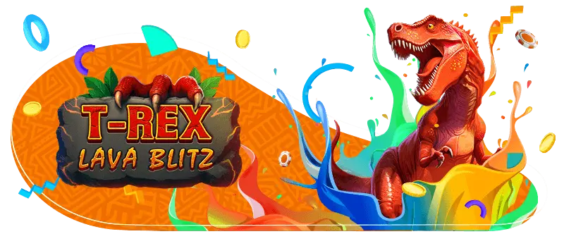 Colourful T-Rex Lava Blitz game banner featuring a roaring red T-Rex beside a stone logo with claw marks, surrounded by splashes of bright paint and floating gold coins on an orange background.
