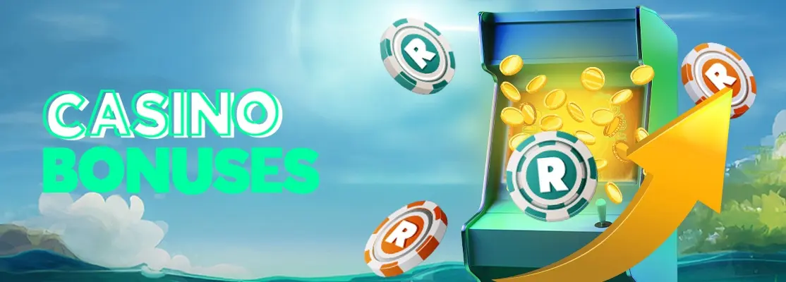 A small casino chip or coin with the Rand symbol (R) placed beside a slot machine spin button, triggering a large burst of gold coins and lightning.