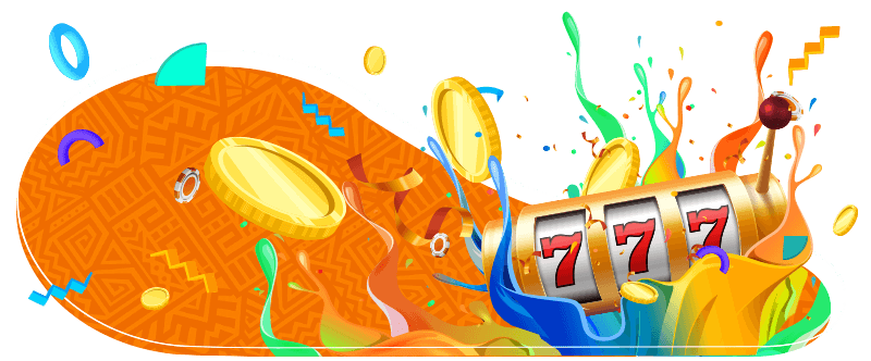 Paterened Background, splash of colour, slot machine with 777s, coins flying, casino chips, fun shapes