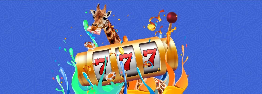 Giraffe, slot machine with 777's, splash of colour, patterned background