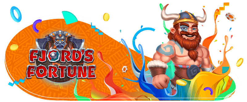 Fjord's Fortune slot game promotional graphic featuring a muscular Viking warrior, vibrant splashes of color, floating casino chips, and a shield-style logo.