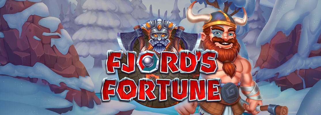 Fjord's Fortune slot game banner featuring a cheerful Viking warrior in a snowy Nordic landscape with a shield-style logo.
