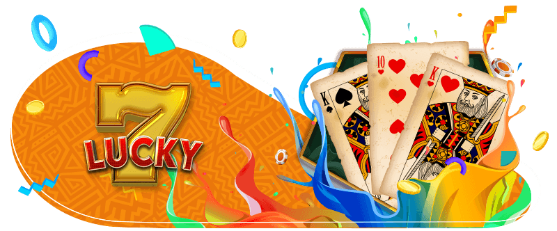 A vibrant promotional graphic featuring the word 'LUCKY' with a large number '7' behind it, amidst colorful splashes and confetti. Three playing cards, the ten of spades, king of spades, and a heart king, fan out on the right side against a decorative orange backdrop with abstract patterns and scattered coins.