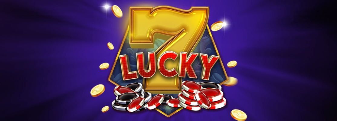 LUCKY 7' in gold and red with gleaming coins and stacks of poker chips against a radiant purple background