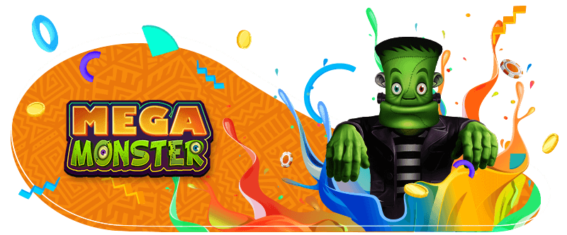 Promotional banner for 'Cheerful green Frankenstein-inspired monster character beside the Mega Monster slot game logo, amidst a burst of colorful confetti and golden coins, inviting play at Thunderbolt Casino.
