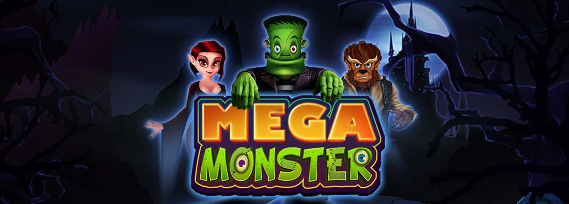 Engaging trio of Mega Monster characters with a charismatic green monster center stage, flanked by a sleek vampire lady and a fierce werewolf, set against a spooky castle silhouette under a dark sky for Thunderbolt Casino.