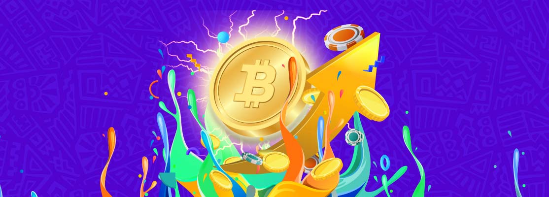 Bitcoin coin bursting through colourful splashes with casino chips and lightning on a vibrant purple background
