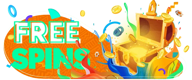 A treasure chest of money and casino coins with the words free spins at Thunderbolt Casino.