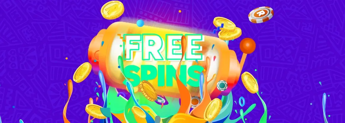 Casino reel with casino chips and gold rand coins floating around with the words free spins 