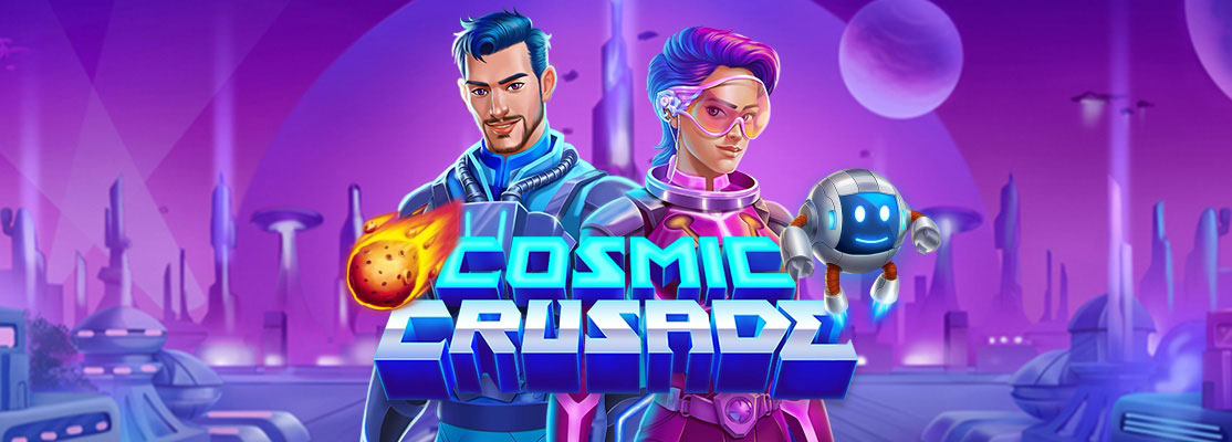 wo space explorers, one wielding a fiery asteroid, and a charming robot companion, with 'Cosmic Crusade' emblazoned up front.