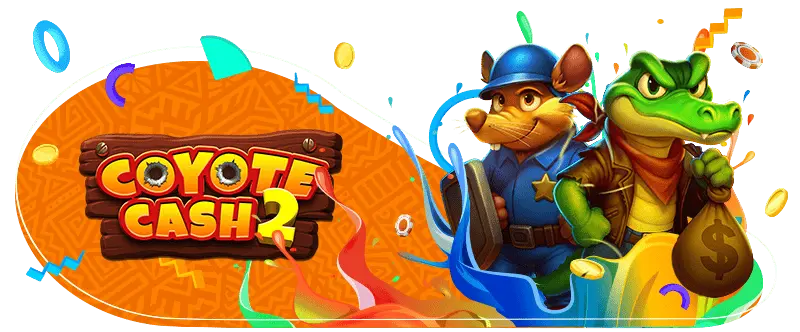 Coyote Cash 2 slot game banner featuring a cartoon mouse sheriff and crocodile bandit on an orange background