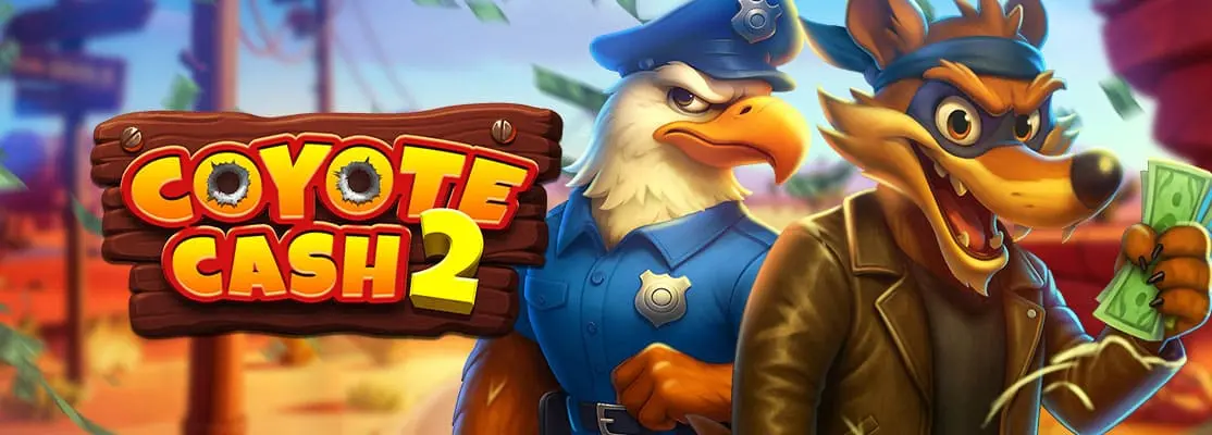 Coyote Cash 2 online slot game header showing an eagle police officer and coyote outlaw with cash in a desert setting