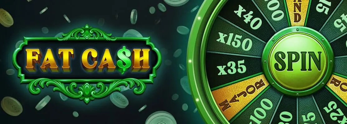 Fat Ca$h new slot game banner at Thunderbolt Online Casino with green casino-themed design