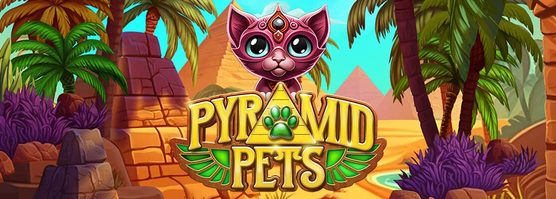 Pyramid Pets slot banner with pink sphinx cat, ancient pyramids backdrop, and lush palm trees