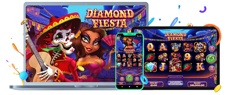 device screens, mobile, desktop, iPad, Diamond Fiesta Slot game title and characters, Thunderbolt Casino splash of colour and coins flying around