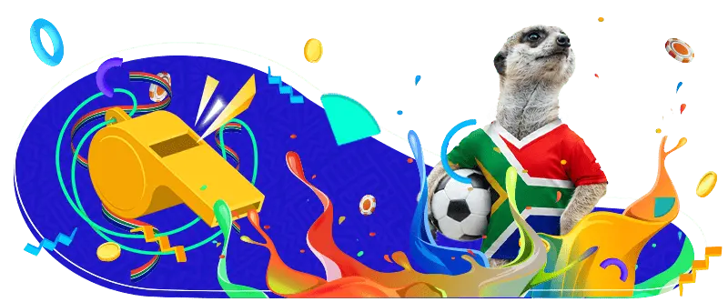 Animated meerkat in a South African flag jersey holding a soccer ball, surrounded by a golden whistle, colorful paint splashes, and casino chips on a dark blue background