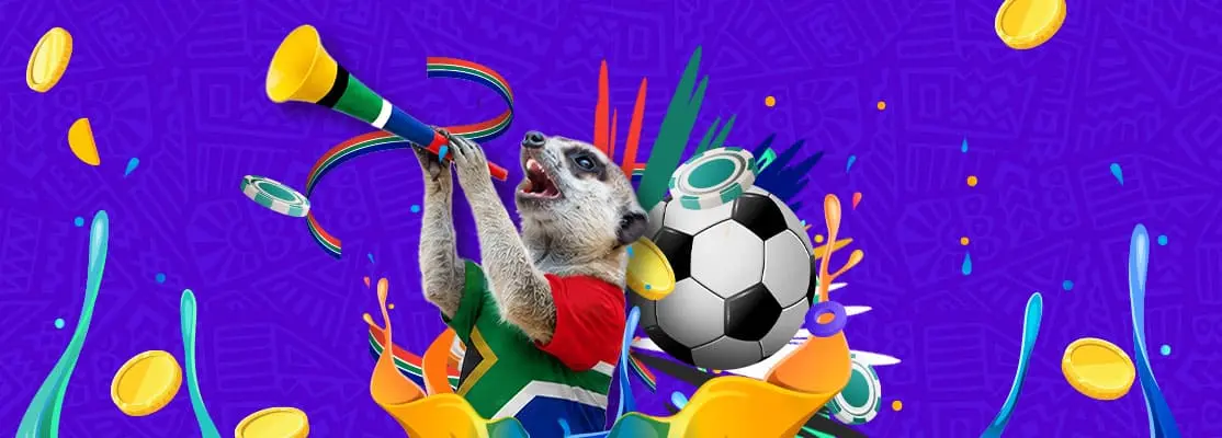 Excited meerkat in a South African flag jersey blowing a vuvuzela with a soccer ball and casino chips, surrounded by colorful splashes and gold coins on a purple patterned background