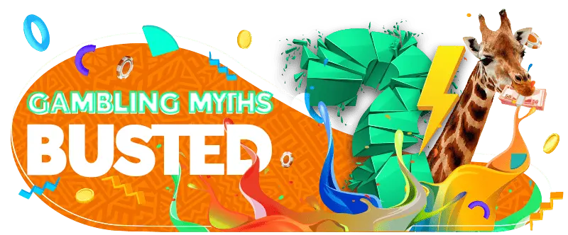 Gambling Myths Busted with Giraffee with Rands in his mouth and a giant question mark
