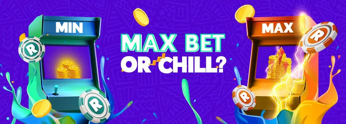 Max Bet or Chill online casino banner featuring retro arcade machines with min and max betting options and gold coins