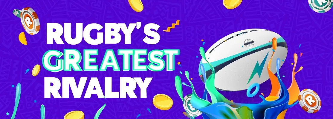Rugby&rsquo;s Greatest Rivalry&rdquo; banner with a rugby ball, casino chips and colourful graphics on a purple background.