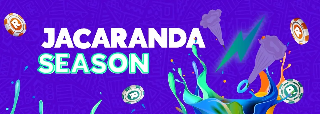 Purple jacaranda flowers, casino chips and colourful Thunderbolt Casino graphics.
