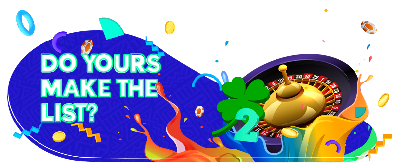 “Do Yours Make the List?” text beside a roulette wheel, lucky clover and number 2, surrounded by coins and colourful casino graphics.
