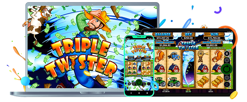 device screens, mobile, desktop, iPad, Diamond Fiesta Slot game title and characters, Thunderbolt Casino splash of colour and coins flying around