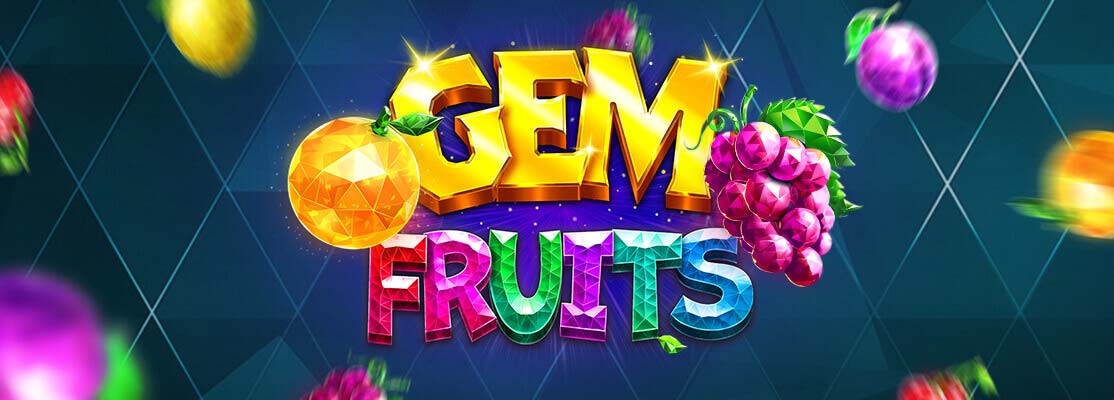 New game "Gem Fruits", colorful and fruity lettering with left and right gems looking like an orange and grapes
