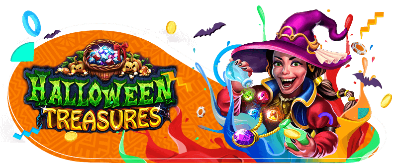 Halloween Treasures slot game title and characters, Thunderbolt Casino colours, device screens