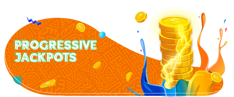 Stack of golden coins with lightning effect and text Progressive Jackpots on orange casino background