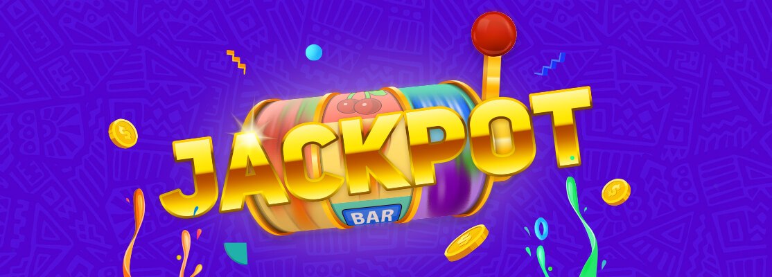 Colorful slot machine with golden jackpot text, casino lever, and flying coins on a purple background