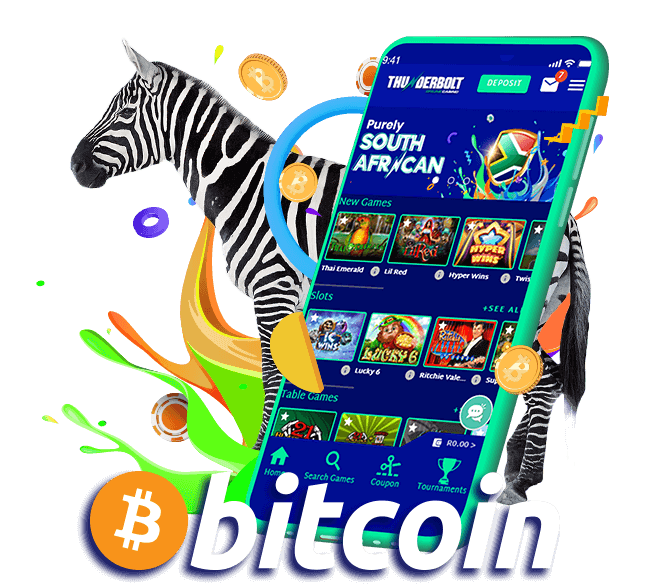 Zebra, mobile device, bitcoin, casino chips, games lobby 