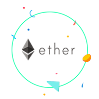 Ether logo, transparent background. flying elements, round turquoise  border