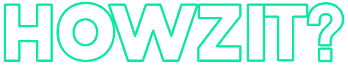 Howzit text in white with blue outline